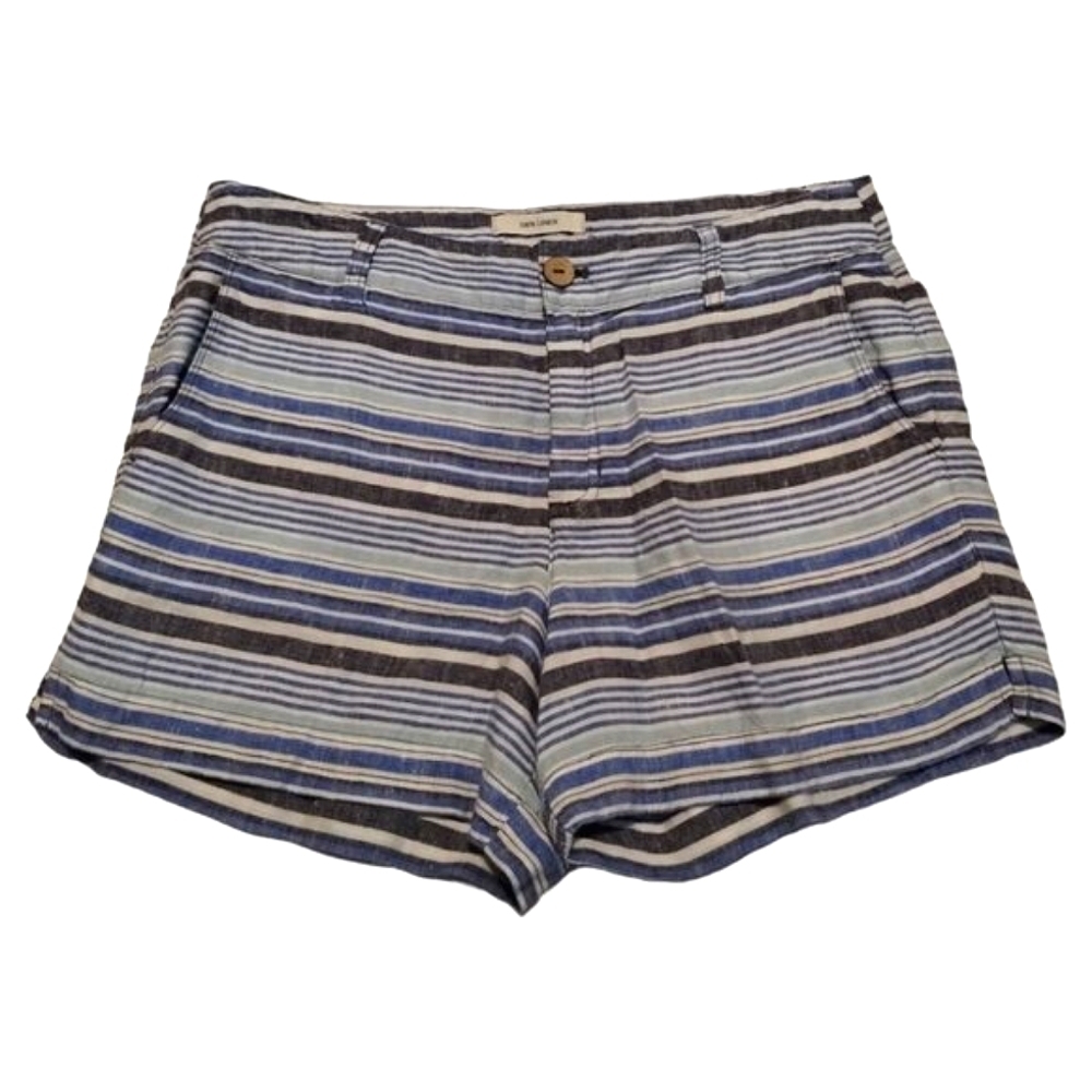 British Khaki Women's Striped Shorts Size 8 100% Linen Beach Casual Nautical